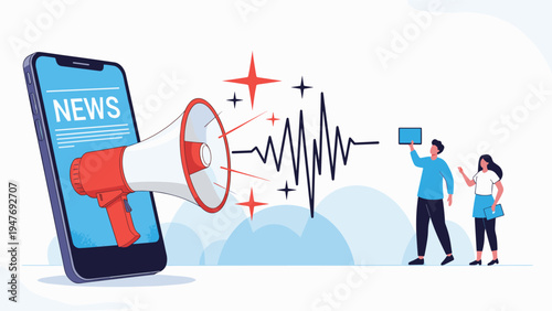 Large megaphone emerging from smartphone screen broadcasting breaking news and sound waves to attentive digital audience.