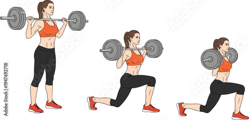 Woman performing barbell lunge exercise sequence, strength training workout for legs and glutes, female athlete fitness routine vector illustration