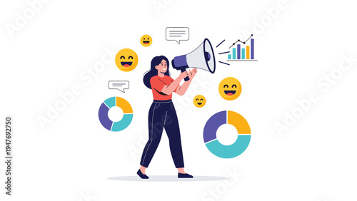 Influential woman using megaphone to share business data charts and positive emojis for effective marketing communication.