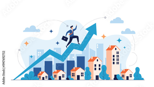 Ambitious real estate professional running up rising arrow above houses and city skyline to achieve market growth success.