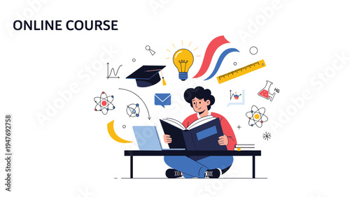 Student sitting with laptop and book under educational icons like diploma and lightbulb for productive online course learning.