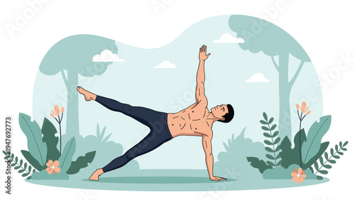 Fit shirtless man practicing a side plank yoga pose in a peaceful green park with trees and bushes in the background.