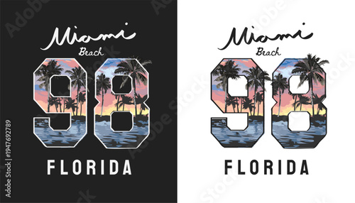 Miami calligraphy slogan with number on sunset beach sky background - hand drawn