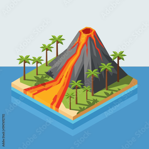 Isometric illustration of a volcanic island with flowing lava, palm trees, and ocean.