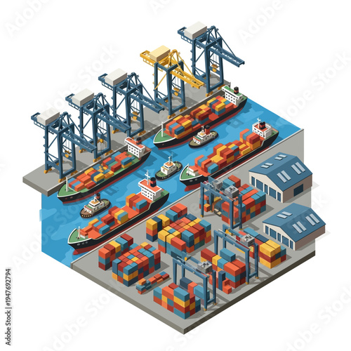 Isometric illustration of a busy port with cargo ships, cranes, and containers.