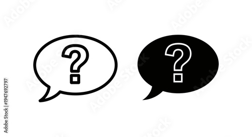Two speech bubbles with question marks in black and white