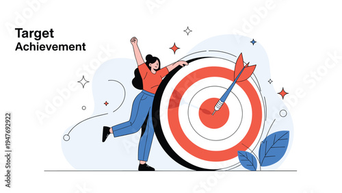 Happy woman celebrating target achievement next to giant bullseye with dart in center representing successful marketing goal.
