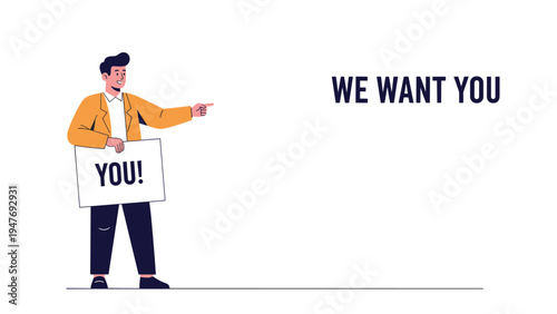 Professional recruiter holding sign and pointing finger towards viewer to announce job opening and attract new talent for team.