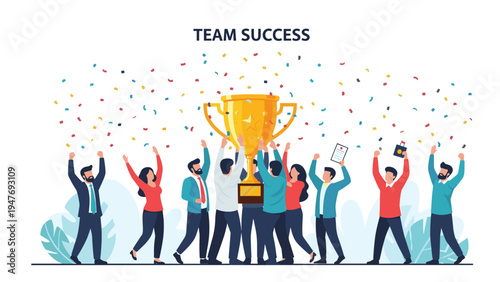 Diverse group of business people celebrating their team success by cheering and holding up a large golden trophy with colorful confetti.