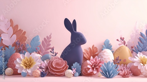 Elegant Easter promotional background with bunny silhouette, decorated eggs, pastel floral design and bright modern composition