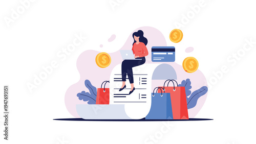 Young woman managing her online shopping expenses while sitting on a long receipt surrounded by shopping bags and floating gold coins.
