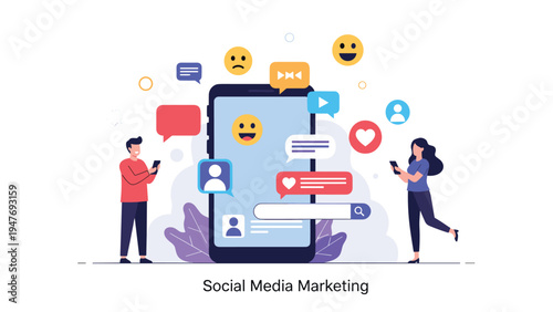 Social media marketing concept showing people interacting with various digital communication icons and emojis around a large smartphone.