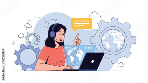 Customer support representative wearing a headset and working at a laptop with global communication icons and gears in the background.