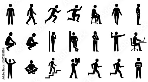 Human Pose Silhouette Icon Set Vector – Body Movement Action Character Collection
