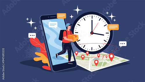 Fast delivery service concept featuring a courier jumping out of a smartphone screen with a package, a large clock, and a map.
