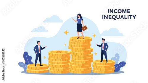 Conceptual illustration of income inequality showing a woman standing on the highest stack of coins while two men stand on much lower piles.