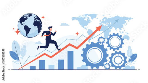 Ambitious businessman running up a rising growth chart toward a globe and gears to represent international business expansion and progress.