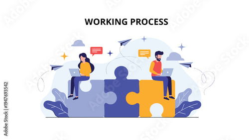 Professional man and woman working on laptops while sitting on giant puzzle pieces to demonstrate an integrated working process.