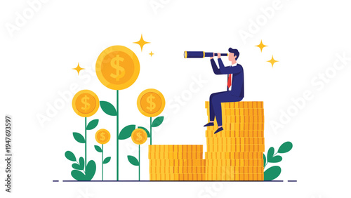 Visionary businessman sitting on a stack of coins and using a telescope to look toward golden money plants representing future growth.