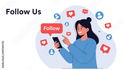 Friendly young woman using her smartphone surrounded by social media follow and heart icons to encourage digital engagement.