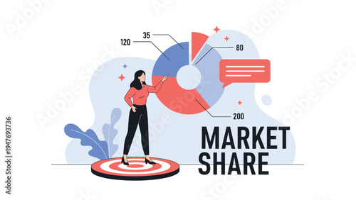 Business woman standing on a bullseye target while pointing to a large colorful pie chart to illustrate successful market share analysis.