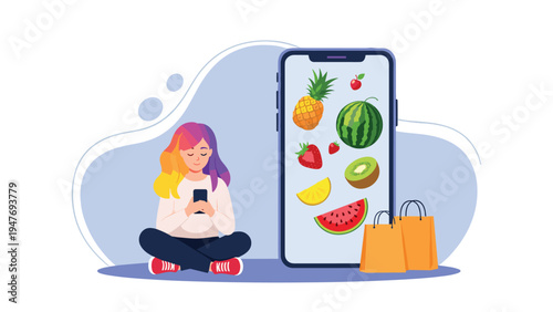 Young girl with colorful hair sitting and using her phone next to a giant smartphone displaying a variety of fresh colorful fruits.