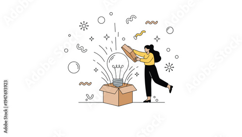 Innovative young woman opening a cardboard box to reveal a glowing light bulb representing a creative new idea or business solution.