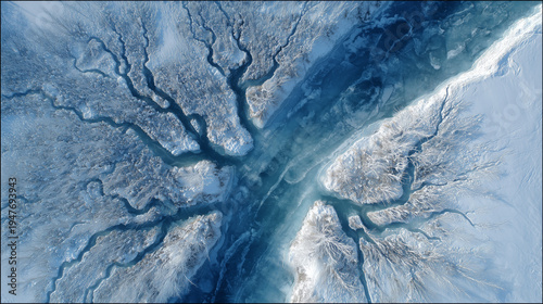 Aerial view of a frozen river delta with intricate ice patterns and branching waterways.