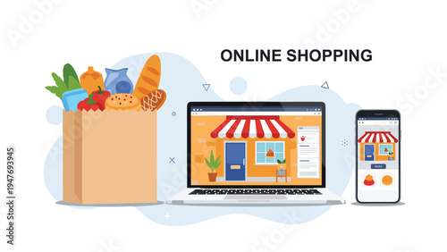 Comprehensive online shopping concept showing a laptop and smartphone with store interfaces next to a full brown paper grocery bag.