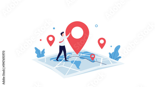 Businessman interacts with a giant red location pin on a flat world map to demonstrate global logistics and geographic positioning services.