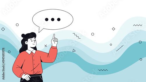 Woman points upward while a speech bubble with dots appears above her head against an abstract wavy background representing deep thought.