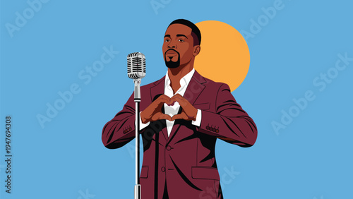 Elegant black male singer in a maroon suit performing with a vintage microphone while making a heart sign with his hands on stage.