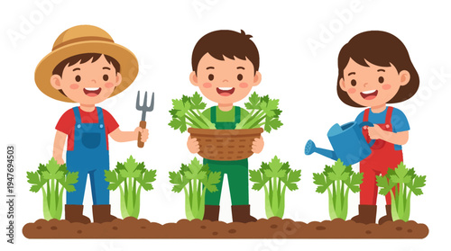 Three happy children planting and watering vegetables in a garden, a symbol of healthy living and organic farming