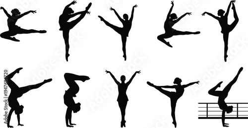 Ballet dancer silhouettes collection with graceful jumping, stretching and acrobatic poses, classical dance performance vector illustration set for art design