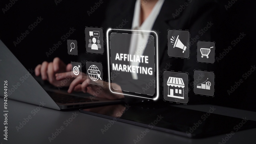 Fototapeta premium Affiliate marketing connects brands and marketers. Marketing through affiliate links drives sales. Affiliate programs reward. Digital marketing and affiliate strategies boost online revenue. Muxer