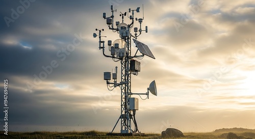 Tall telecommunications tower equipped with multiple antennas and satellite dishes stands against a backdrop of a cloudy, dramatic sky at sunset.