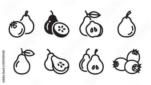Assorted Fruit Icons: Pears Tomato Berries in Simple Outline Style