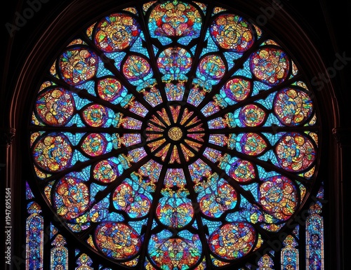 vibrant circular stained glass rose window in cathedral interior, intricate radial tracery glowing with colorful light, evoking awe and reverence