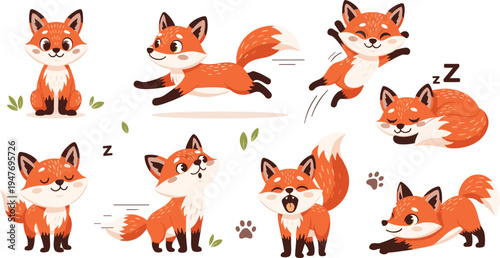 Cute fox mascot character set with different poses and emotions playful woodland animal cartoon vector illustration collection