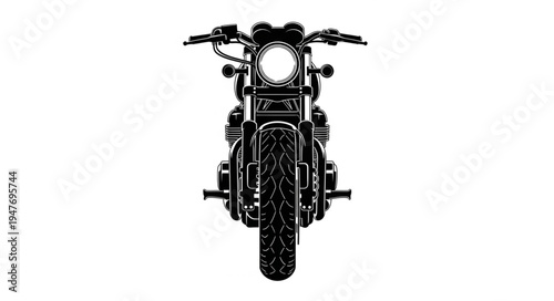 Black and white illustration of a vintage motorcycle front view.