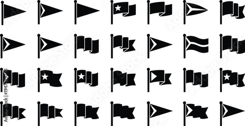 Waving flag icons collection silhouette set of various triangular and ribbon flags on poles flat vector symbols for decoration, signage, navigation