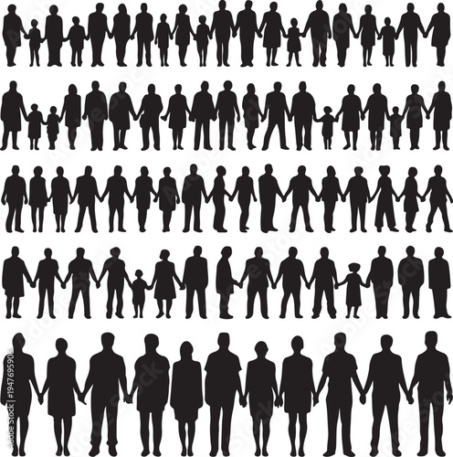 Silhouettes of diverse groups of people holding hands in various formations
