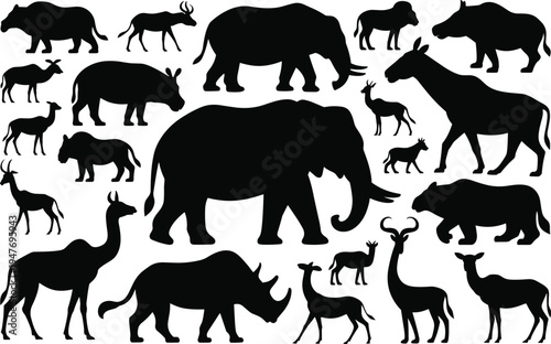 Collection of Black Silhouettes of Various African Animals and Mammals on a White Background Keywords: elephant, rhino, giraffe, camel, antelope, zebra, wildebeest, buffalo, lion, tiger