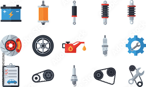 Car parts and automotive service icons set including battery, brake disc, shock absorber, spark plug, oil can and gear vector