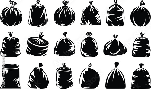 Collection of Black Silhouettes of Various Garbage Bags and Trash Sacks on a White Background trash bag