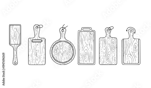 Six wooden chopping board icons minimalist kitchen utensil vector collection