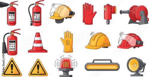 Fire safety equipment vector icon set including extinguisher helmet gloves alarm hose reel warning signs isolated illustration collection