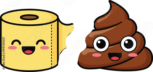 Cute Toilet Paper Roll and Poop Emoji Cartoon Characters Funny Hygiene Humor Vector Illustration Kawaii Style Bathroom Icon Set