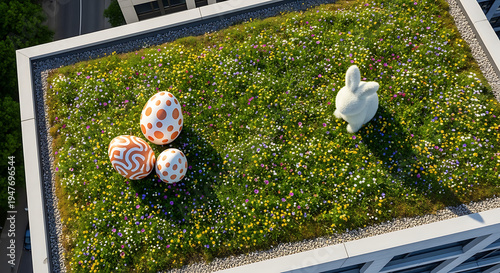 Aerial view of a vibrant green roof adorned with three large, decorated Easter eggs and a white rabbit sculpture on a modern building.