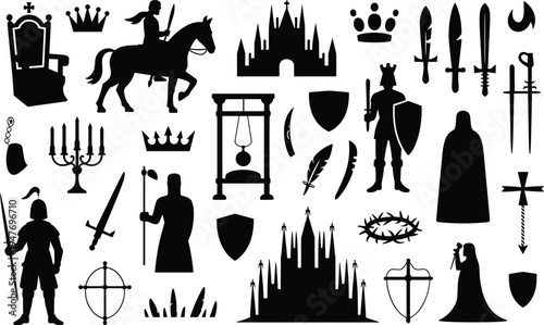 Medieval Knights and Castle Silhouettes Featuring a King Queen Horse and Royal Regalia Keywords: medieval, knight, king, queen, horse, castle, crown, sword, shield, throne, armor, royalty